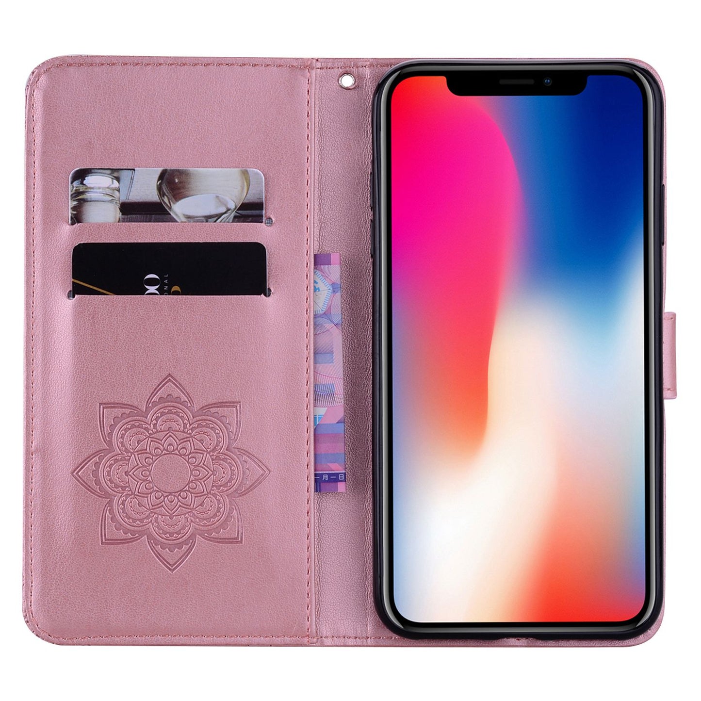 Rhinestone Decor Leather Case for iPhone 14 6.1 inch, Owl Flower Imprinted Phone Wallet Stand Cover