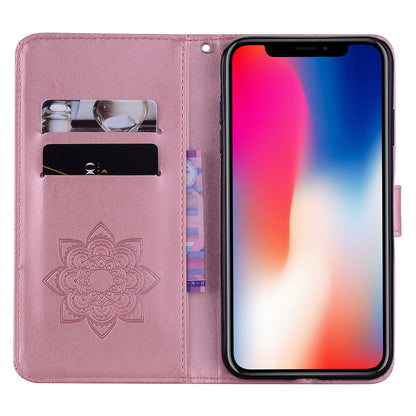 Rhinestone Decor Leather Case for iPhone 14 6.1 inch, Owl Flower Imprinted Phone Wallet Stand Cover