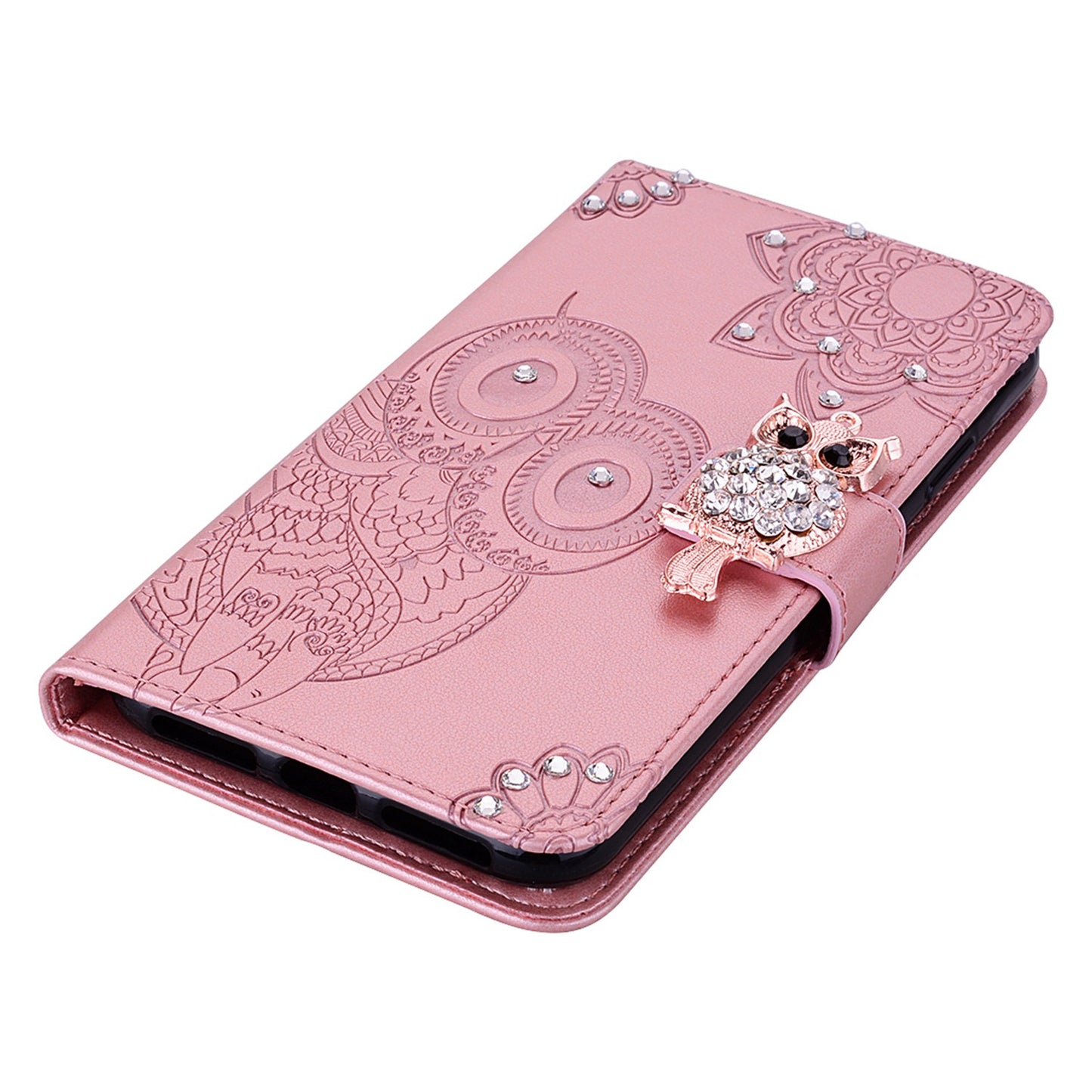 Rhinestone Decor Leather Case for iPhone 14 6.1 inch, Owl Flower Imprinted Phone Wallet Stand Cover