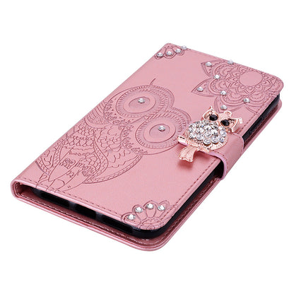 Rhinestone Decor Leather Case for iPhone 14 6.1 inch, Owl Flower Imprinted Phone Wallet Stand Cover