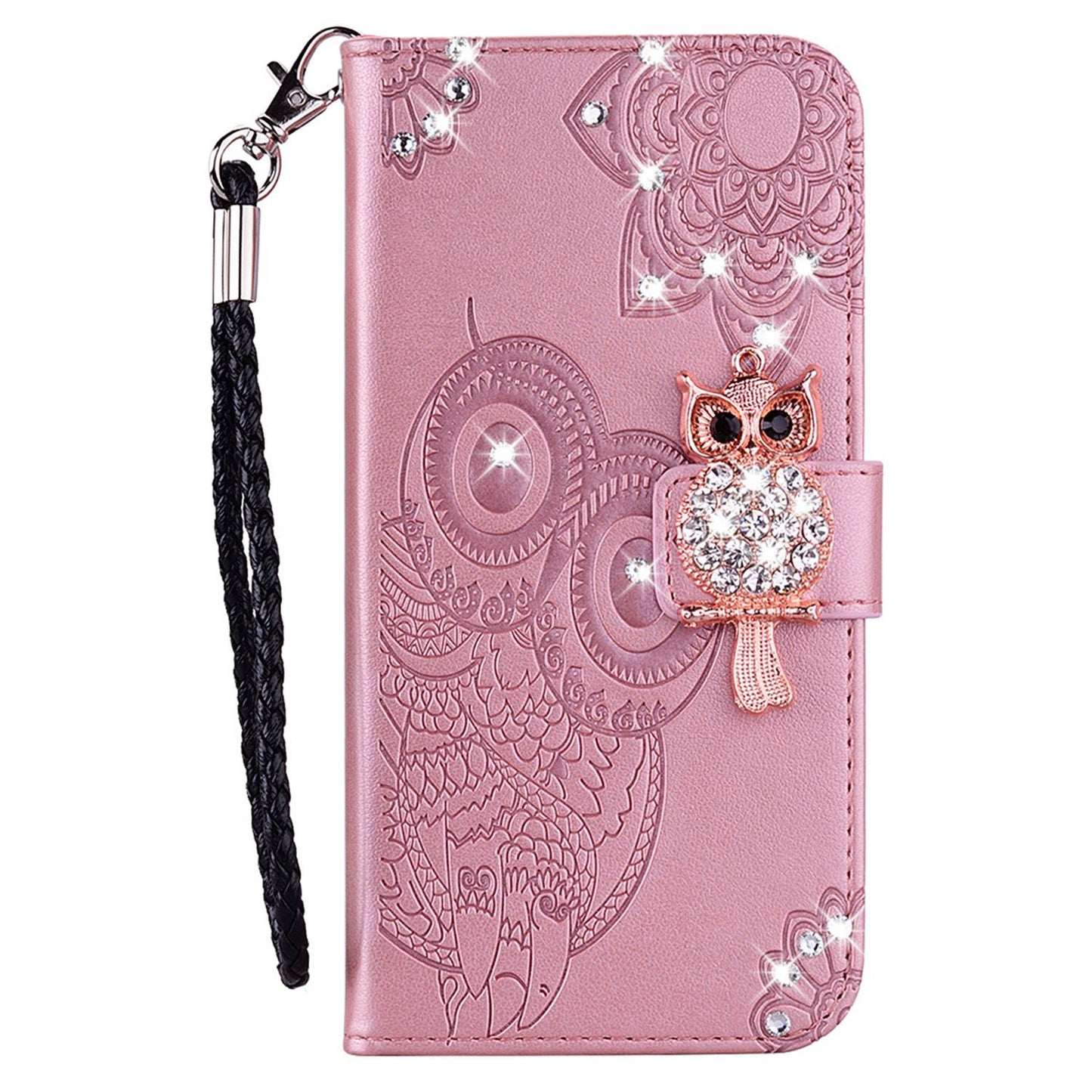 Rhinestone Decor Leather Case for iPhone 14 6.1 inch, Owl Flower Imprinted Phone Wallet Stand Cover
