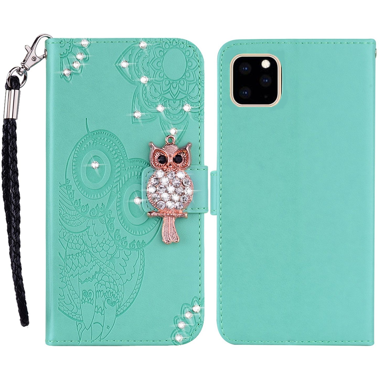 Rhinestone Decor Leather Case for iPhone 14 6.1 inch, Owl Flower Imprinted Phone Wallet Stand Cover