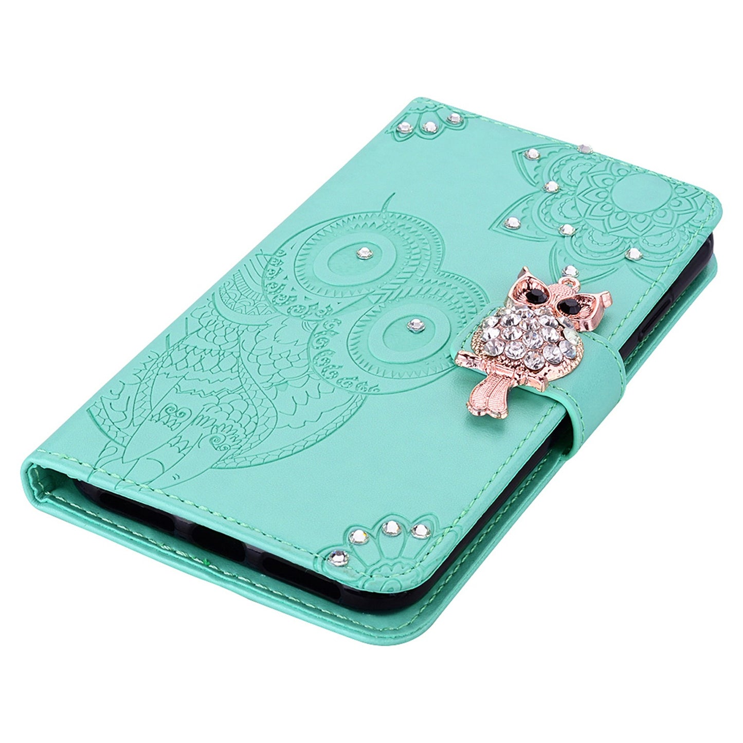 Rhinestone Decor Leather Case for iPhone 14 6.1 inch, Owl Flower Imprinted Phone Wallet Stand Cover