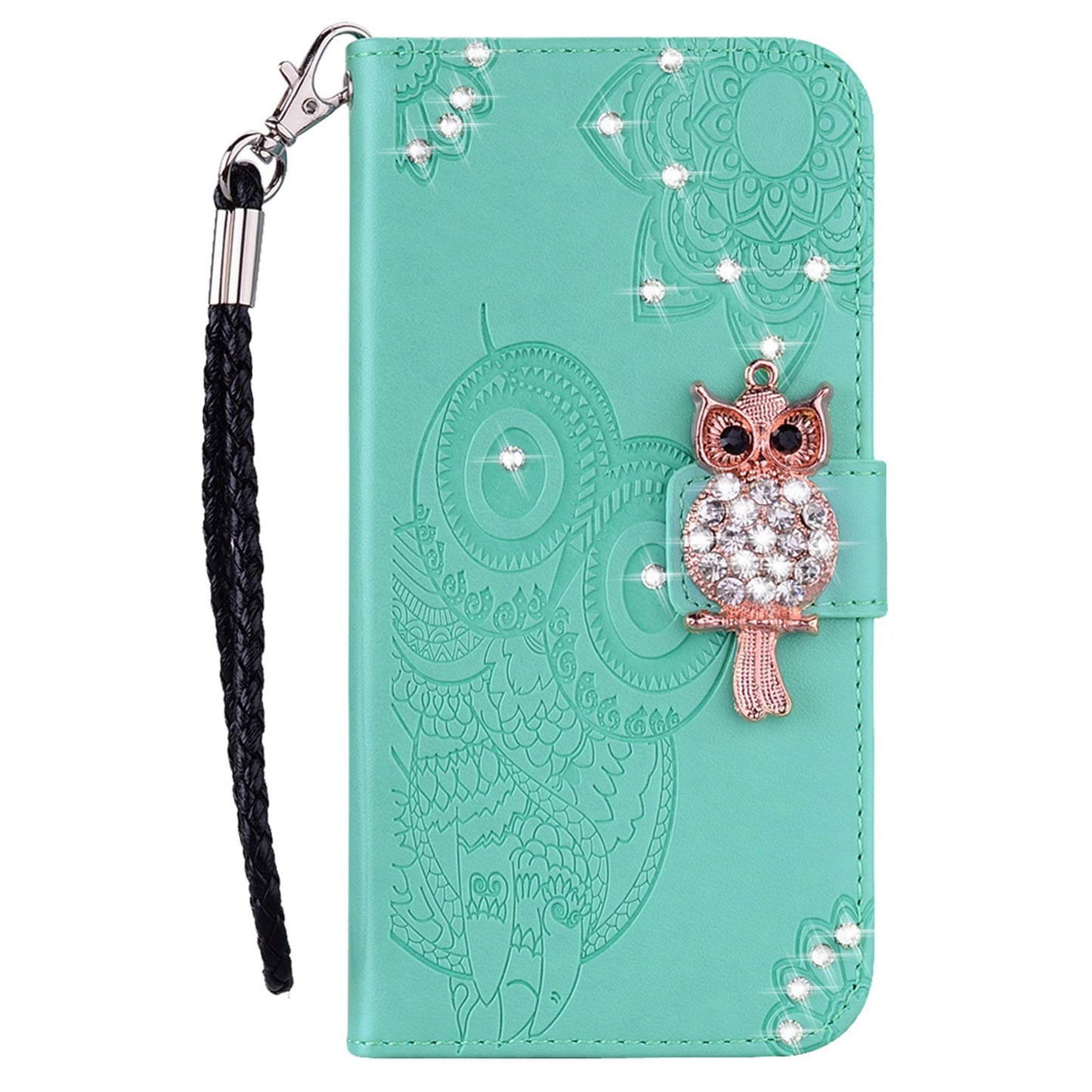 Rhinestone Decor Leather Case for iPhone 14 6.1 inch, Owl Flower Imprinted Phone Wallet Stand Cover