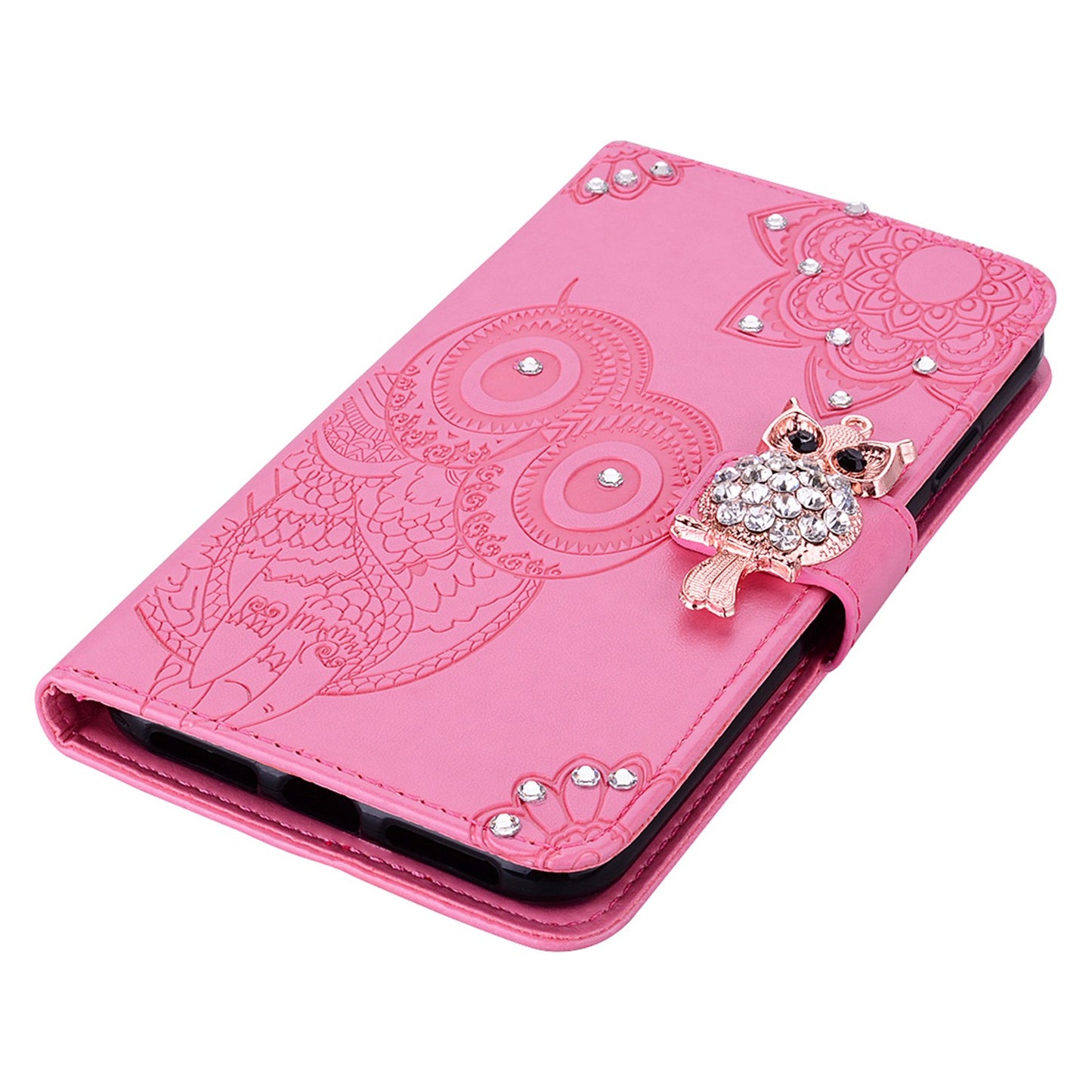 Rhinestone Decor Leather Case for iPhone 14 6.1 inch, Owl Flower Imprinted Phone Wallet Stand Cover