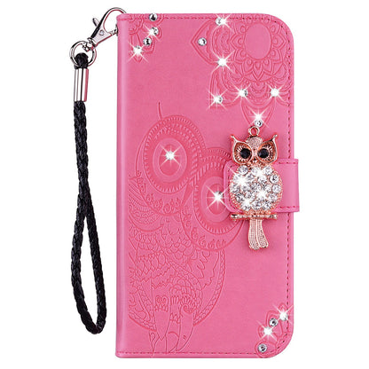 Rhinestone Decor Leather Case for iPhone 14 6.1 inch, Owl Flower Imprinted Phone Wallet Stand Cover