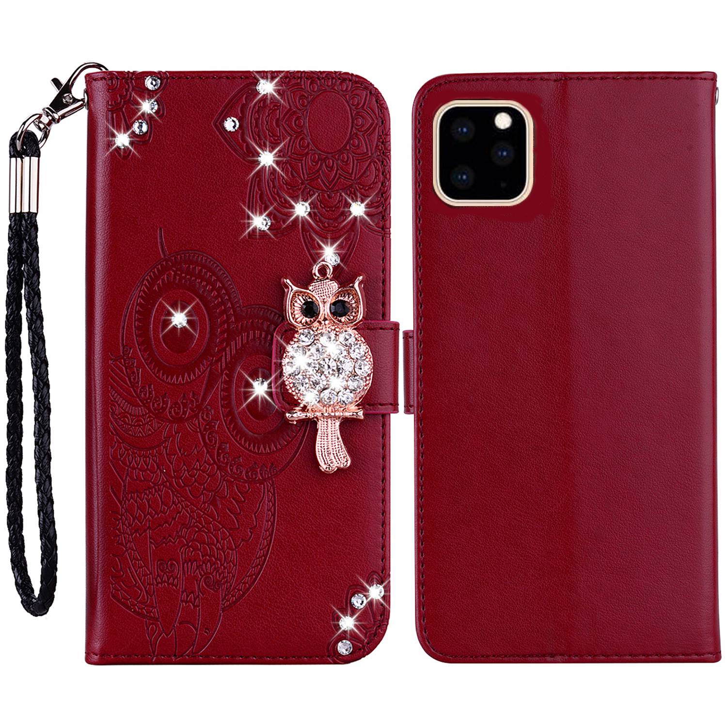 Rhinestone Decor Leather Case for iPhone 14 6.1 inch, Owl Flower Imprinted Phone Wallet Stand Cover