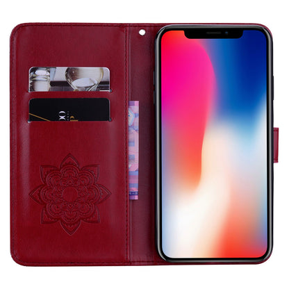 Rhinestone Decor Leather Case for iPhone 14 6.1 inch, Owl Flower Imprinted Phone Wallet Stand Cover