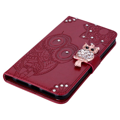 Rhinestone Decor Leather Case for iPhone 14 6.1 inch, Owl Flower Imprinted Phone Wallet Stand Cover