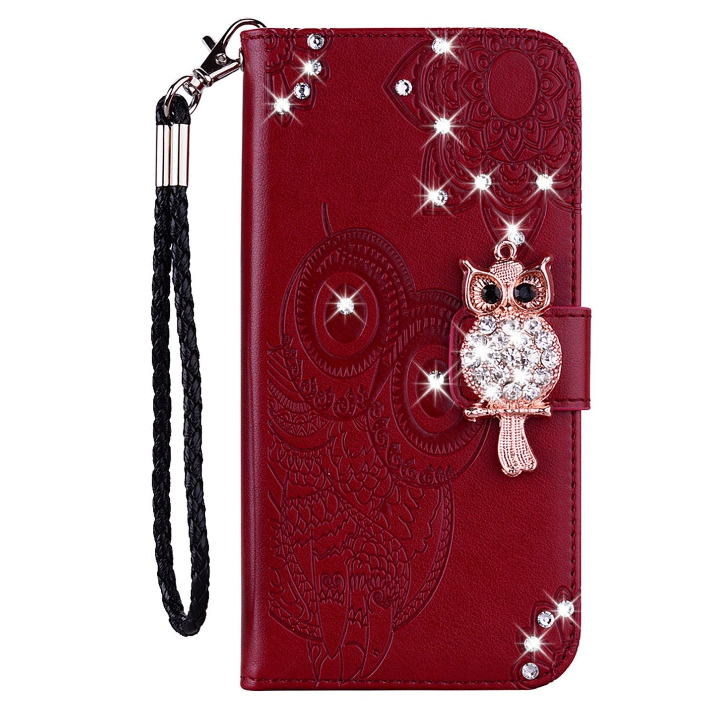 Rhinestone Decor Leather Case for iPhone 14 6.1 inch, Owl Flower Imprinted Phone Wallet Stand Cover