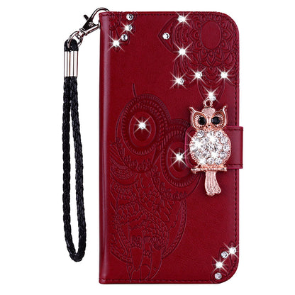 Rhinestone Decor Leather Case for iPhone 14 6.1 inch, Owl Flower Imprinted Phone Wallet Stand Cover