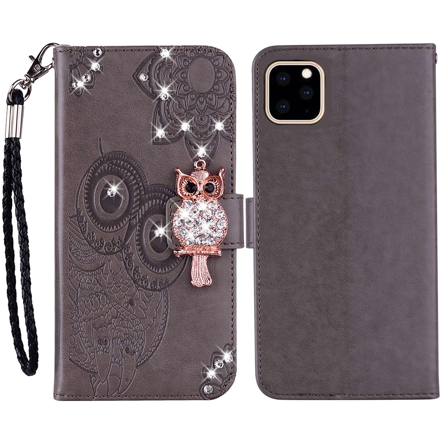 Rhinestone Decor Leather Case for iPhone 14 6.1 inch, Owl Flower Imprinted Phone Wallet Stand Cover