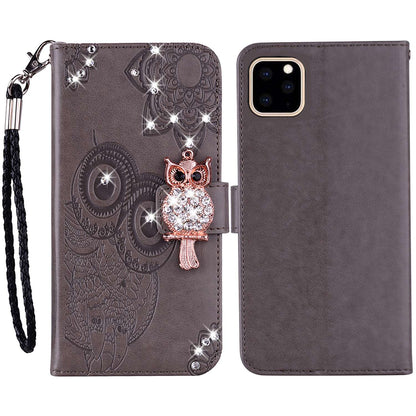 Rhinestone Decor Leather Case for iPhone 14 6.1 inch, Owl Flower Imprinted Phone Wallet Stand Cover
