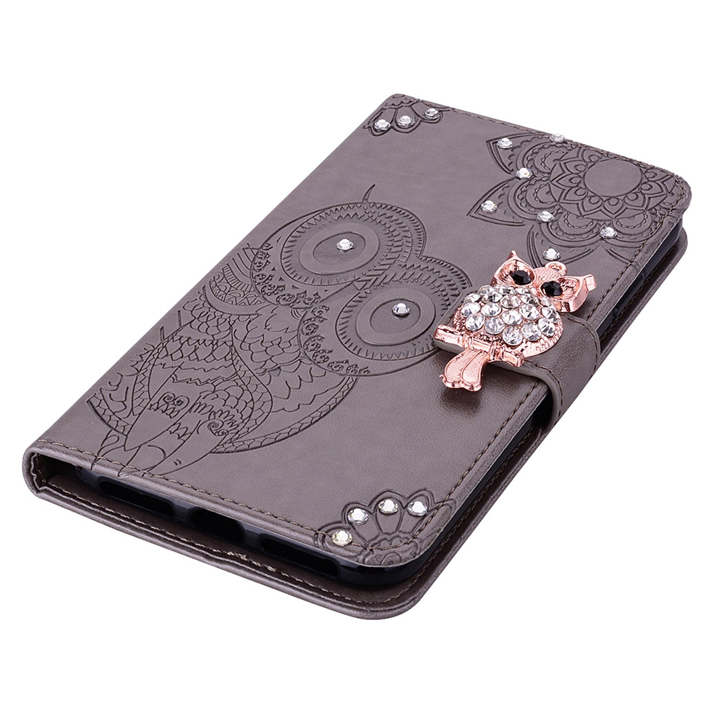 Rhinestone Decor Leather Case for iPhone 14 6.1 inch, Owl Flower Imprinted Phone Wallet Stand Cover