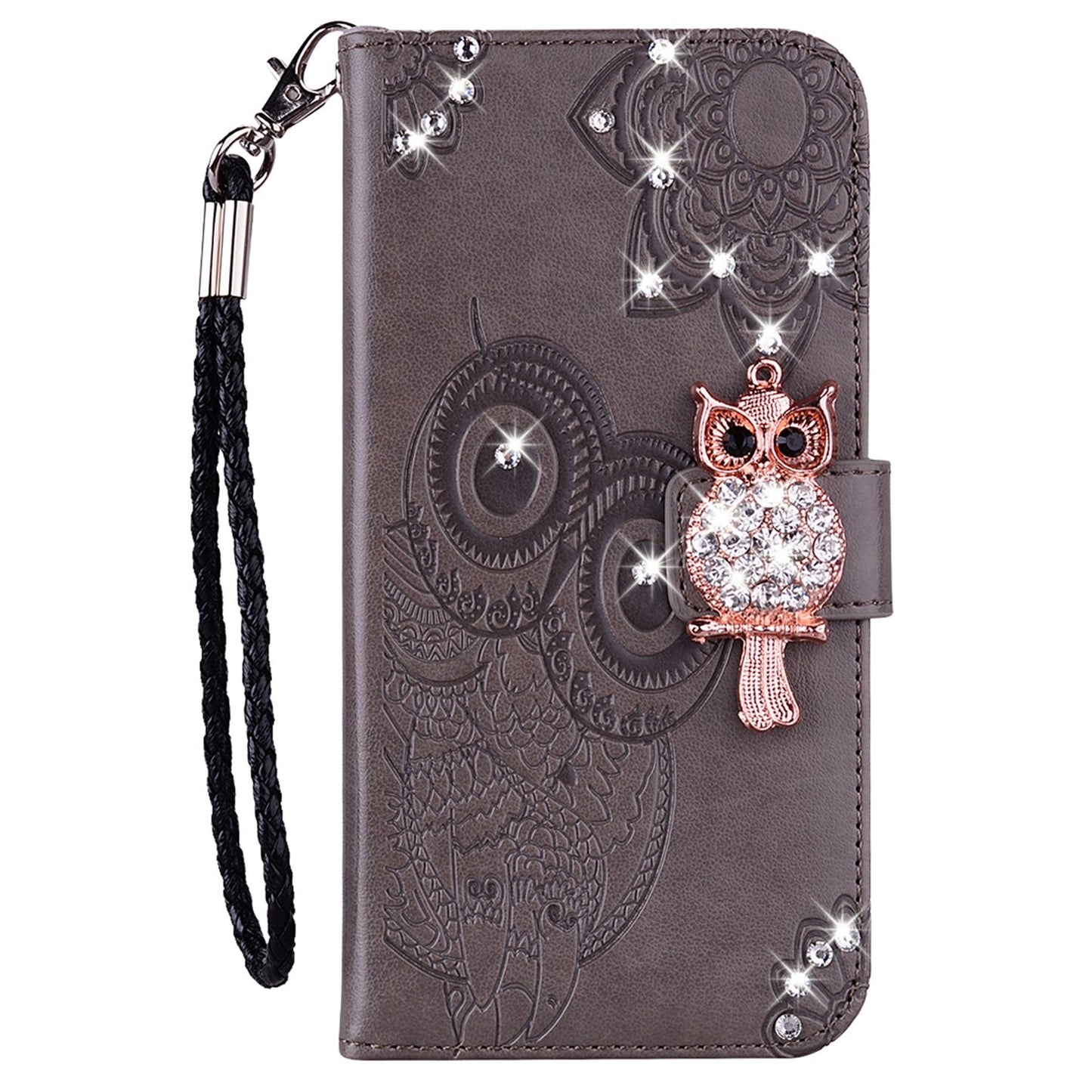 Rhinestone Decor Leather Case for iPhone 14 6.1 inch, Owl Flower Imprinted Phone Wallet Stand Cover