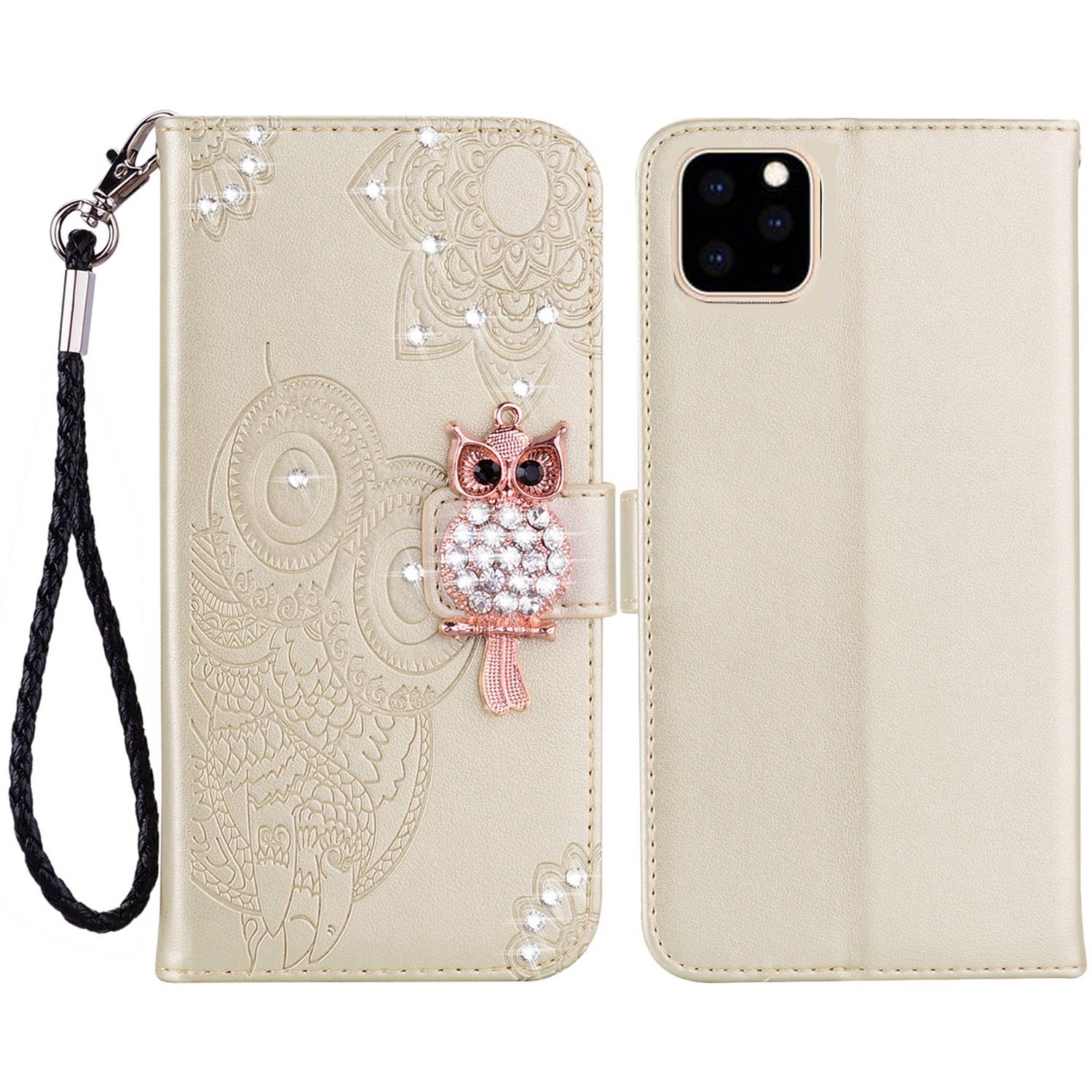 Rhinestone Decor Leather Case for iPhone 14 6.1 inch, Owl Flower Imprinted Phone Wallet Stand Cover