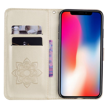Rhinestone Decor Leather Case for iPhone 14 6.1 inch, Owl Flower Imprinted Phone Wallet Stand Cover