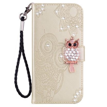 Rhinestone Decor Leather Case for iPhone 14 6.1 inch, Owl Flower Imprinted Phone Wallet Stand Cover