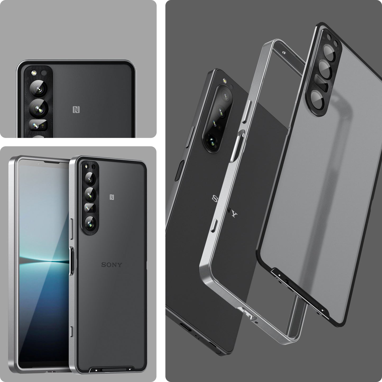 For Sony Xperia 1 IV 5G Aluminium Alloy Frame+TPU Anti-scratch Phone Back Cover Anti-drop Detachable 2-in-1 Matte Phone Case with Lens Cover+Lens Film
