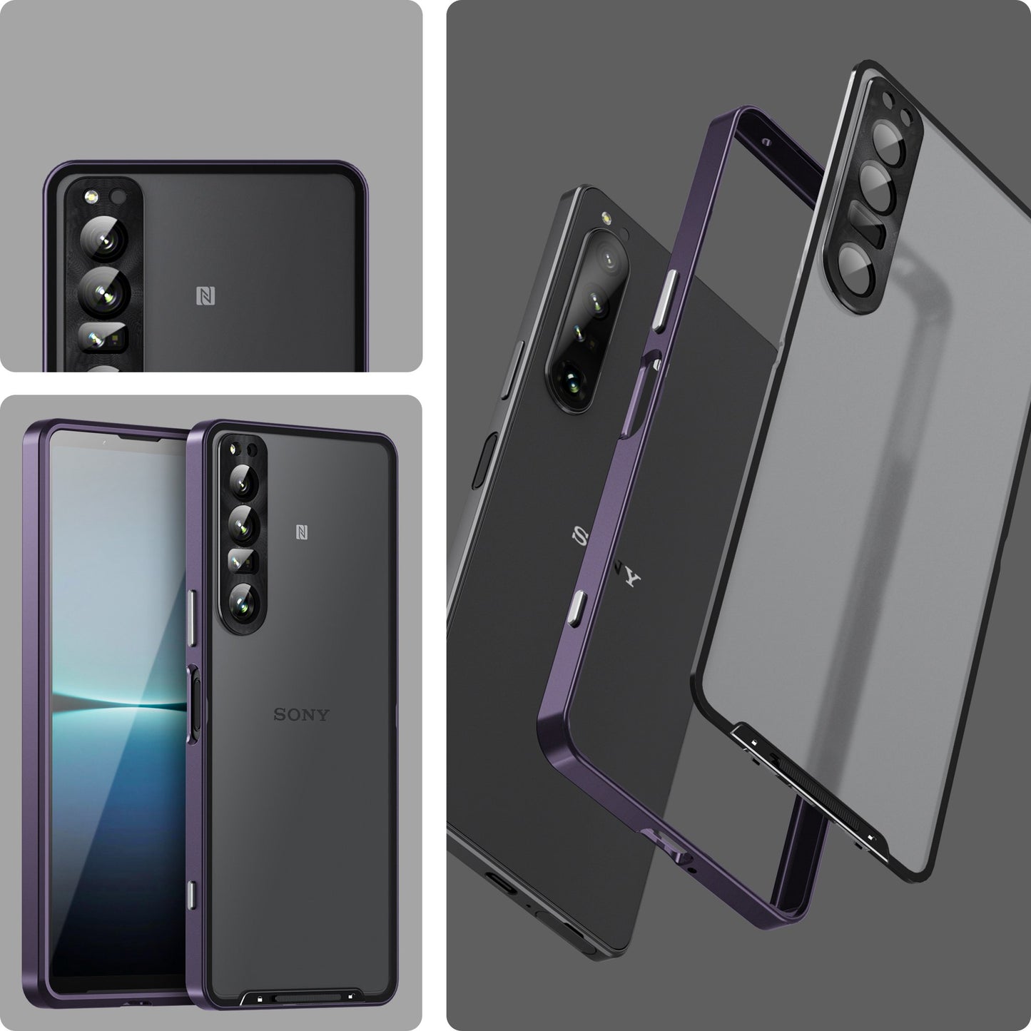 For Sony Xperia 1 IV 5G Aluminium Alloy Frame+TPU Anti-scratch Phone Back Cover Anti-drop Detachable 2-in-1 Matte Phone Case with Lens Cover+Lens Film