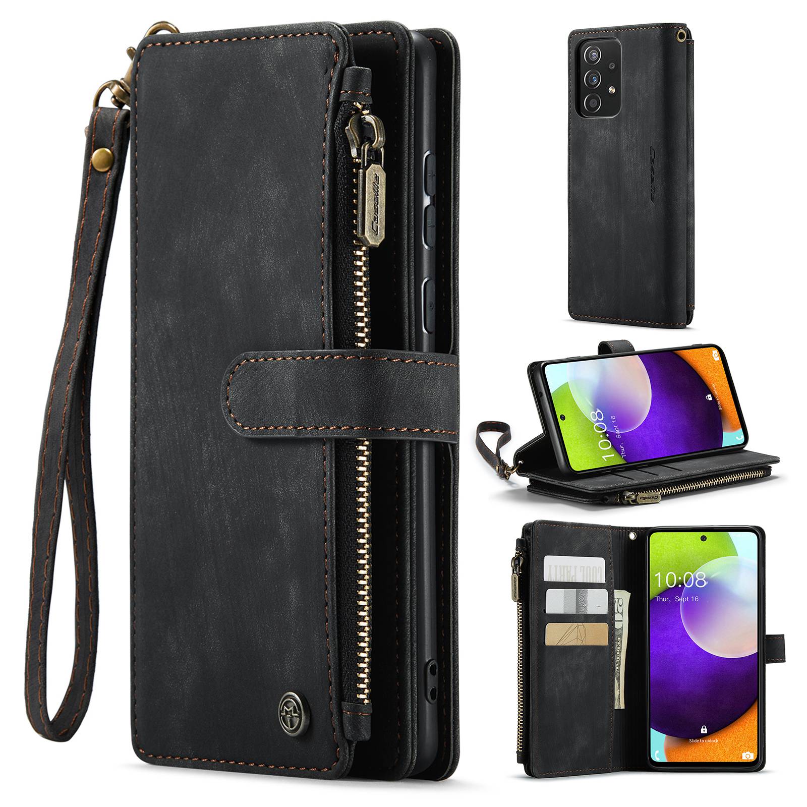 CASEME C30 Series for Samsung Galaxy A52 4G / 5G / 52s 5G PU Leather Stand Wallet Phone Case with Multiple Card Slots and Zipper Pocket