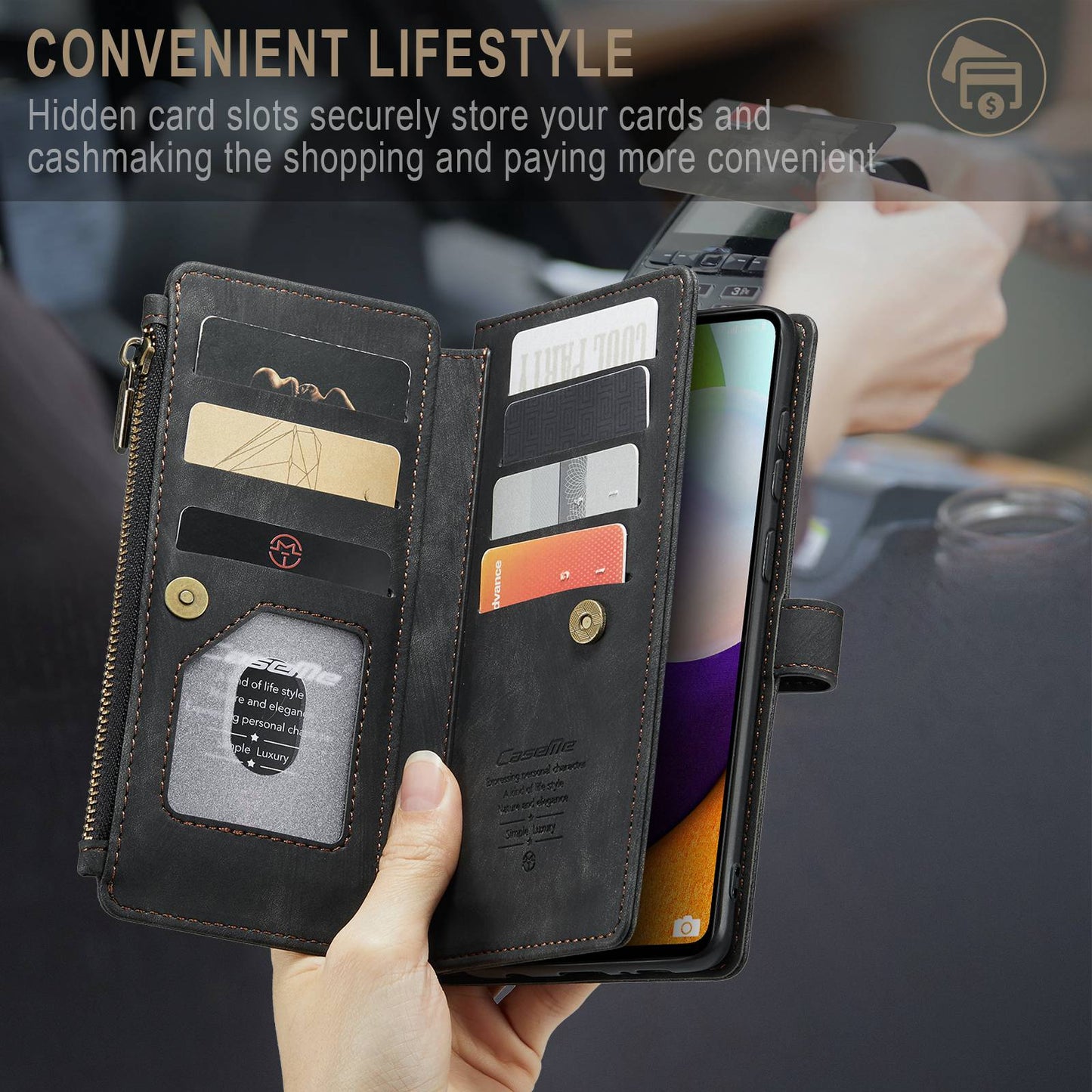 CASEME C30 Series for Samsung Galaxy A52 4G / 5G / 52s 5G PU Leather Stand Wallet Phone Case with Multiple Card Slots and Zipper Pocket