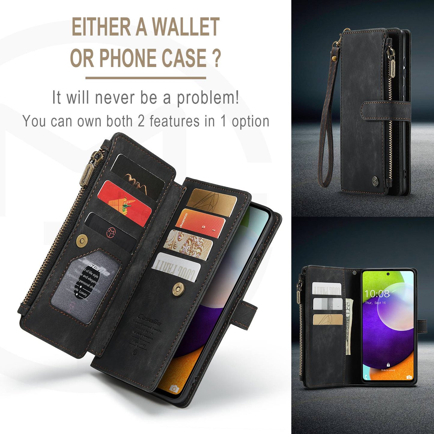 CASEME C30 Series for Samsung Galaxy A52 4G / 5G / 52s 5G PU Leather Stand Wallet Phone Case with Multiple Card Slots and Zipper Pocket