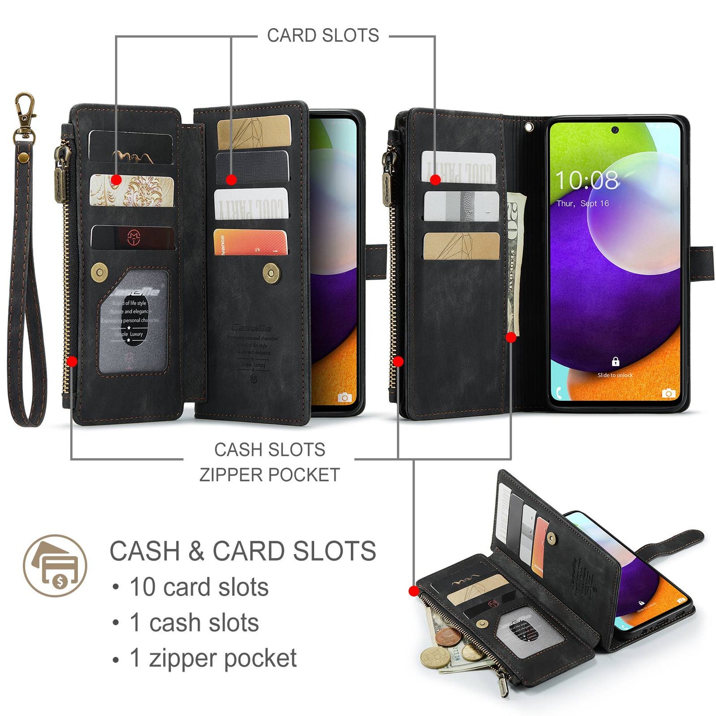 CASEME C30 Series for Samsung Galaxy A52 4G / 5G / 52s 5G PU Leather Stand Wallet Phone Case with Multiple Card Slots and Zipper Pocket