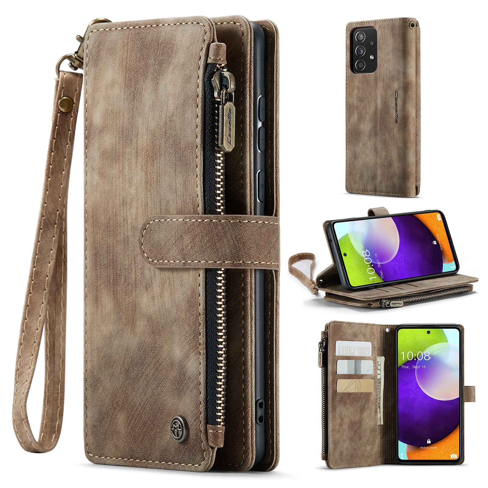 CASEME C30 Series for Samsung Galaxy A52 4G / 5G / 52s 5G PU Leather Stand Wallet Phone Case with Multiple Card Slots and Zipper Pocket