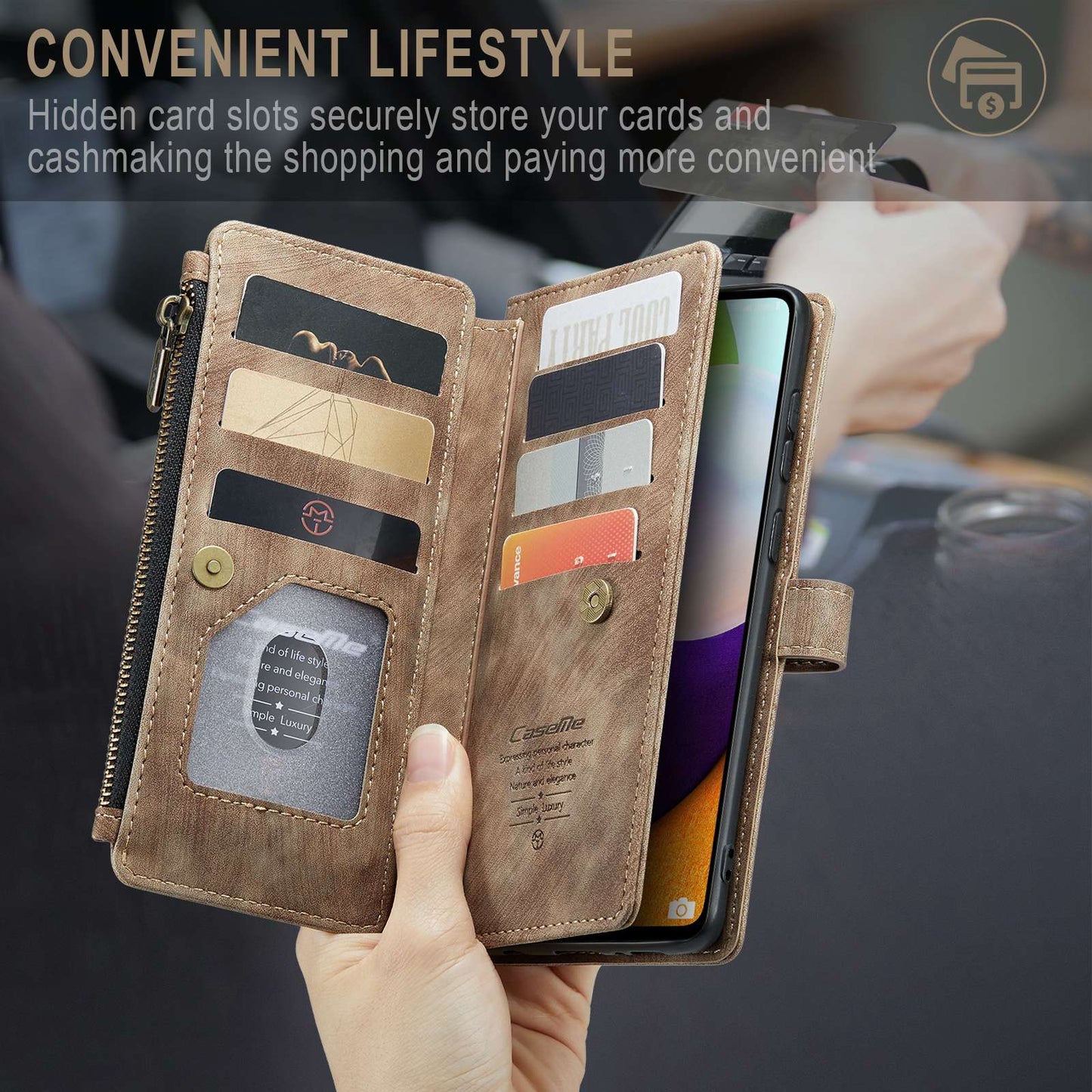 CASEME C30 Series for Samsung Galaxy A52 4G / 5G / 52s 5G PU Leather Stand Wallet Phone Case with Multiple Card Slots and Zipper Pocket
