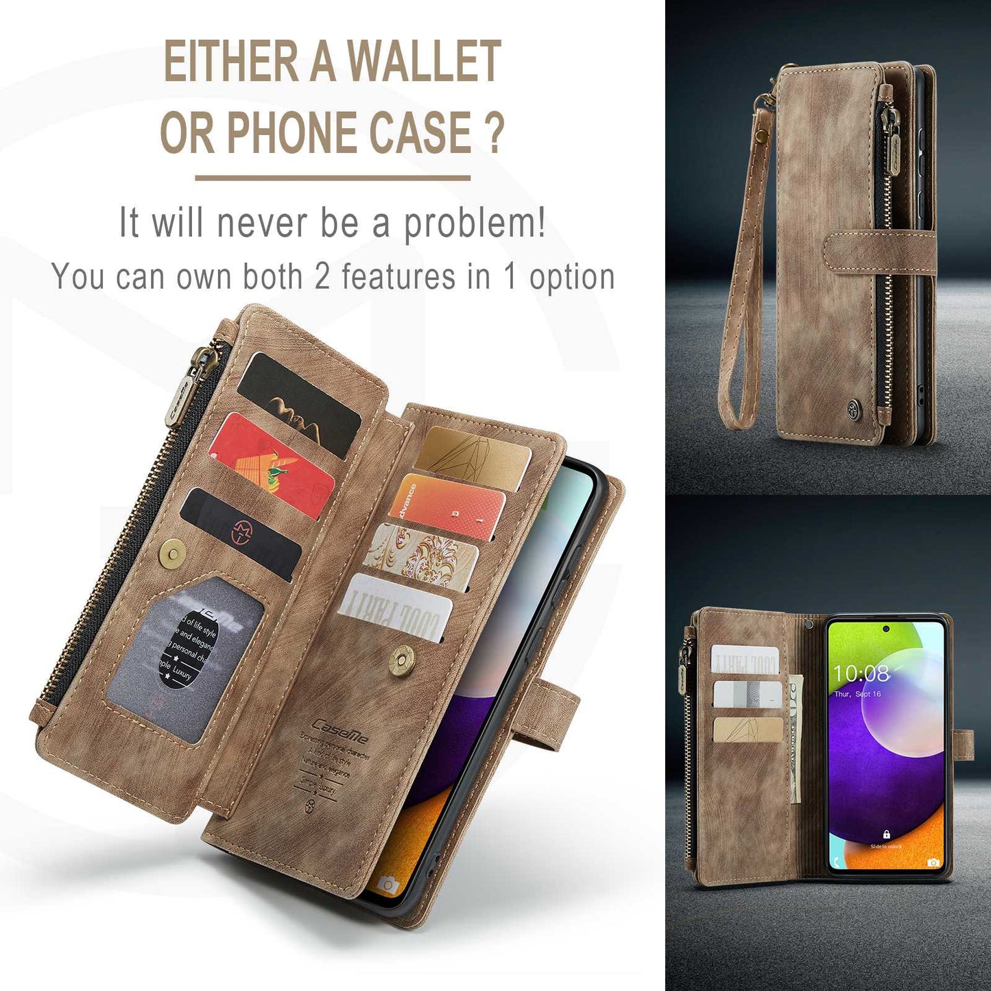 CASEME C30 Series for Samsung Galaxy A52 4G / 5G / 52s 5G PU Leather Stand Wallet Phone Case with Multiple Card Slots and Zipper Pocket