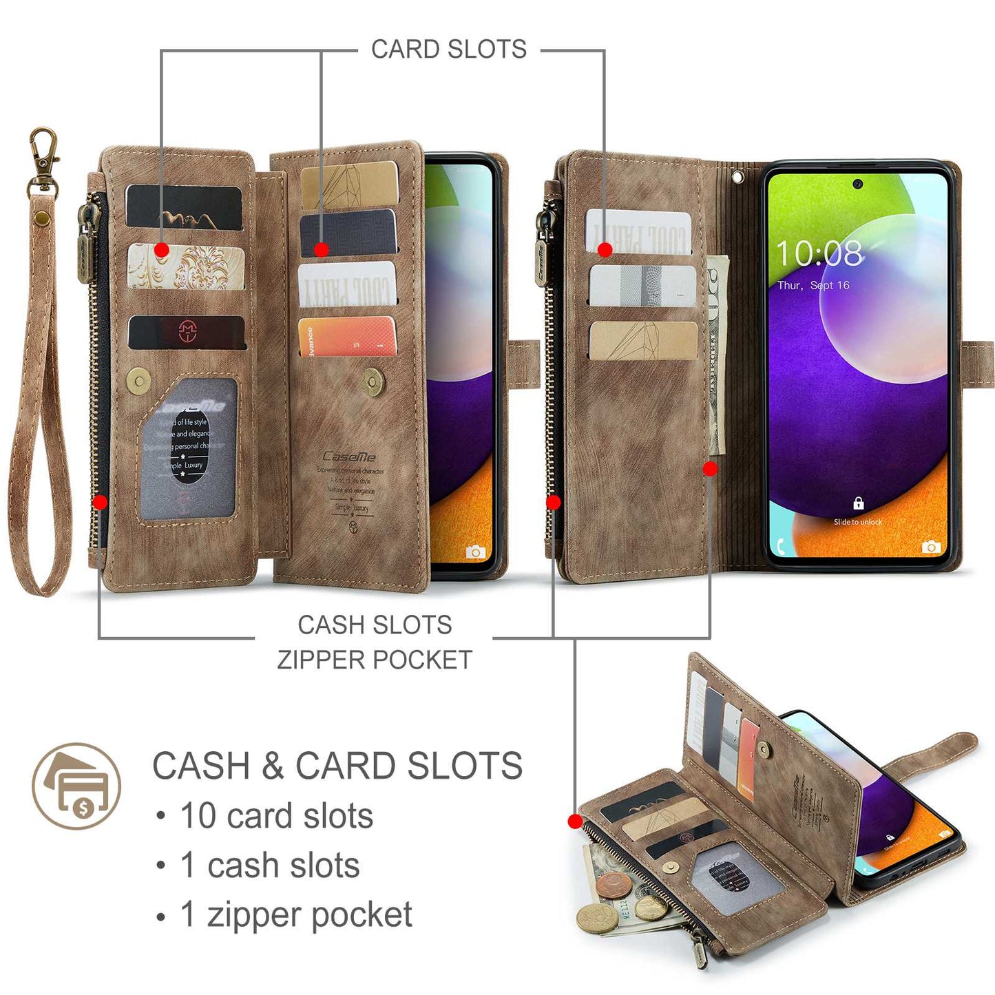 CASEME C30 Series for Samsung Galaxy A52 4G / 5G / 52s 5G PU Leather Stand Wallet Phone Case with Multiple Card Slots and Zipper Pocket