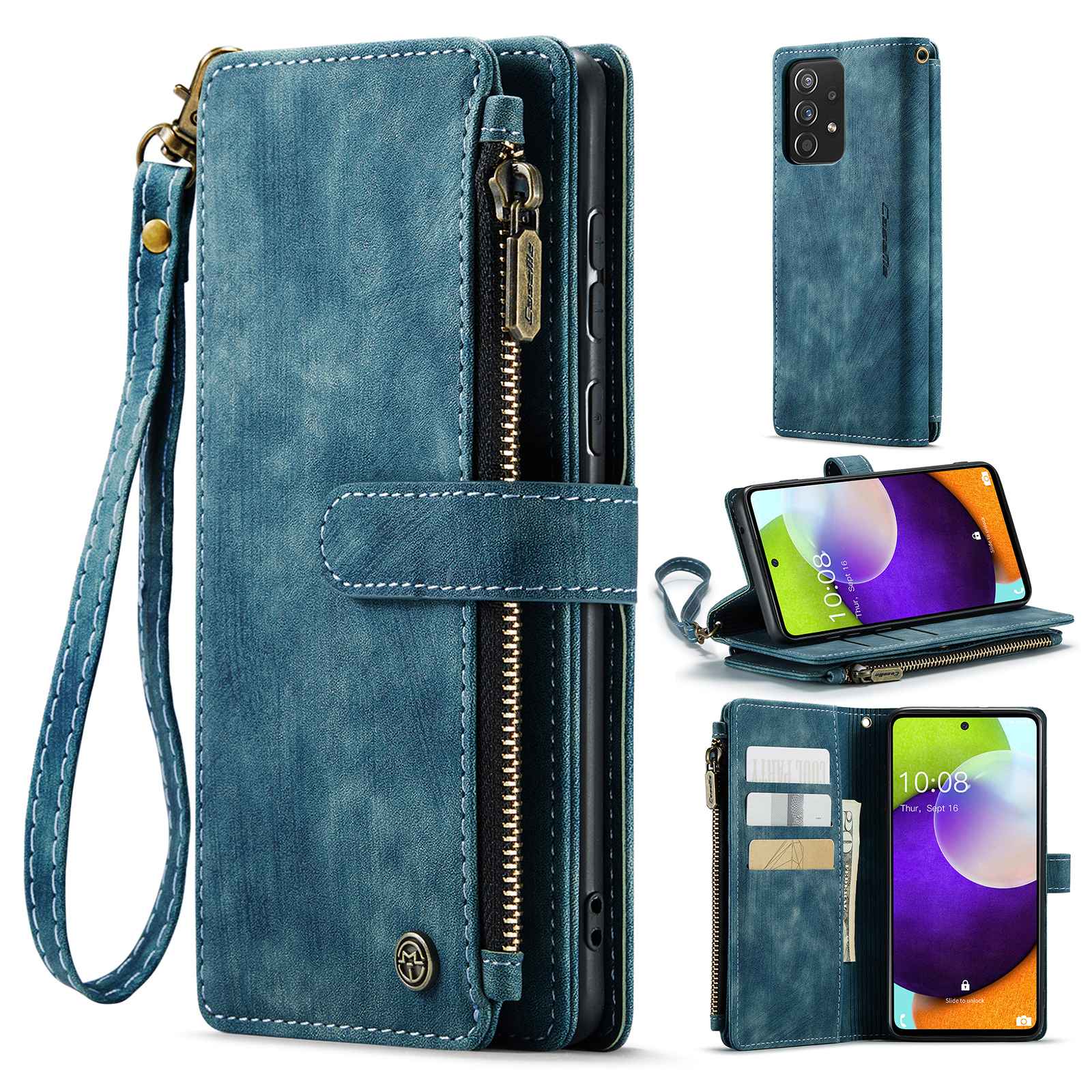 CASEME C30 Series for Samsung Galaxy A52 4G / 5G / 52s 5G PU Leather Stand Wallet Phone Case with Multiple Card Slots and Zipper Pocket