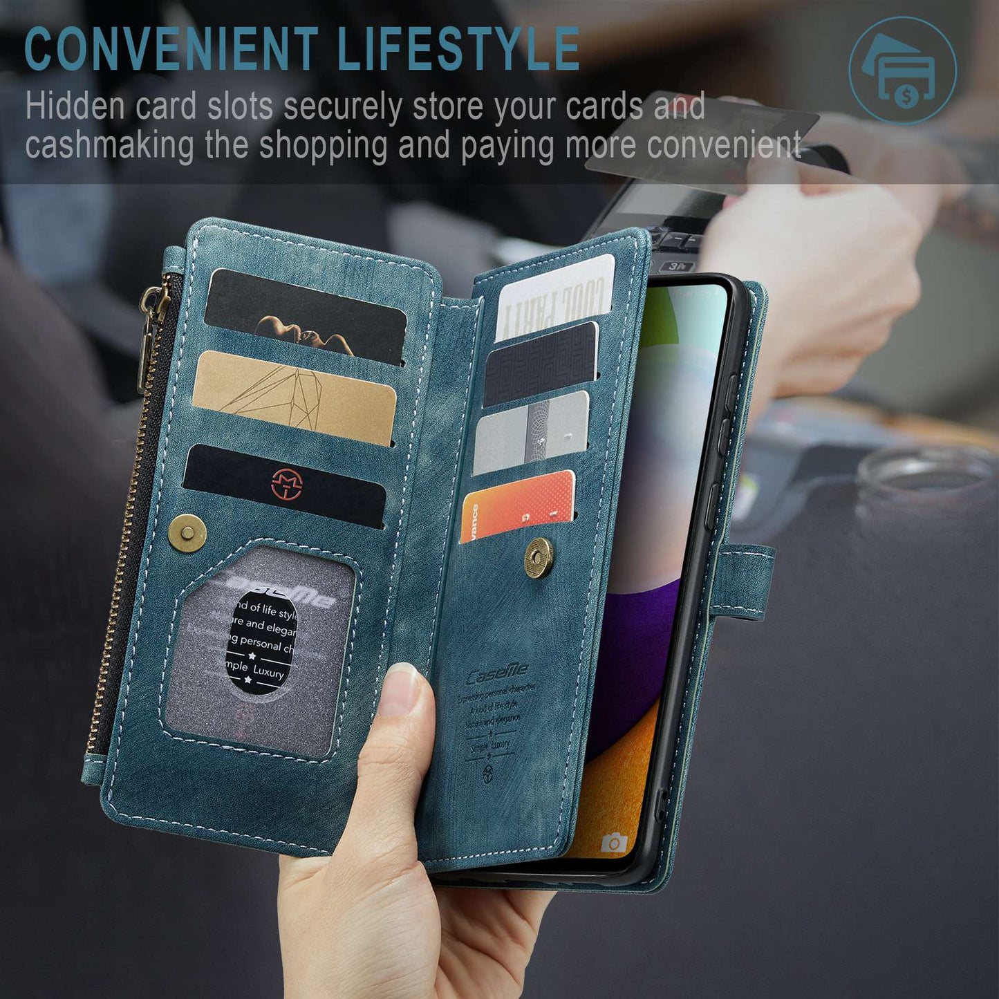CASEME C30 Series for Samsung Galaxy A52 4G / 5G / 52s 5G PU Leather Stand Wallet Phone Case with Multiple Card Slots and Zipper Pocket