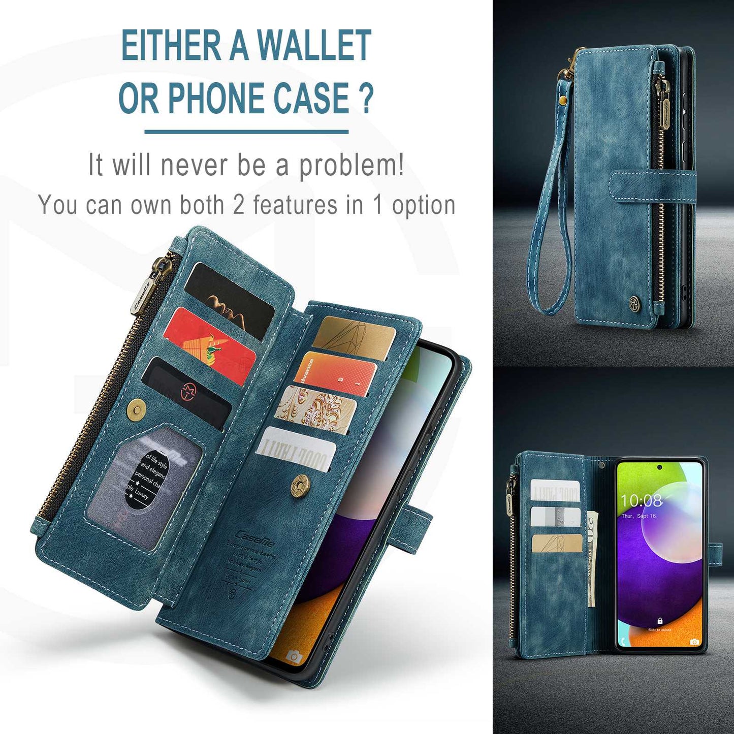 CASEME C30 Series for Samsung Galaxy A52 4G / 5G / 52s 5G PU Leather Stand Wallet Phone Case with Multiple Card Slots and Zipper Pocket