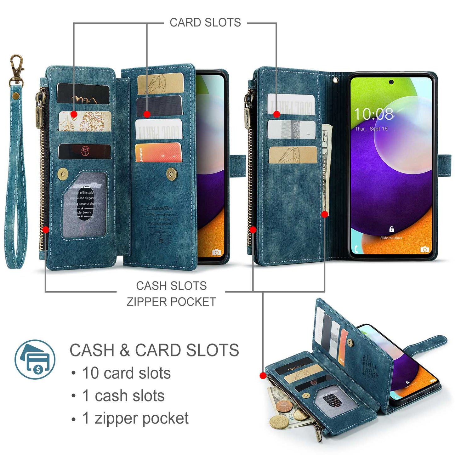 CASEME C30 Series for Samsung Galaxy A52 4G / 5G / 52s 5G PU Leather Stand Wallet Phone Case with Multiple Card Slots and Zipper Pocket