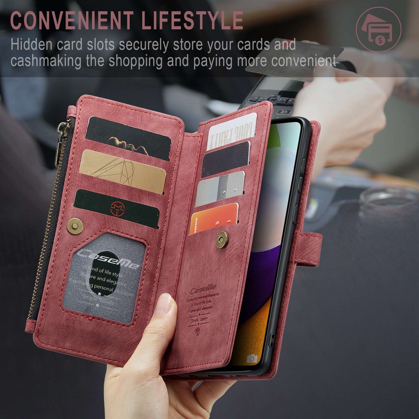 CASEME C30 Series for Samsung Galaxy A52 4G / 5G / 52s 5G PU Leather Stand Wallet Phone Case with Multiple Card Slots and Zipper Pocket