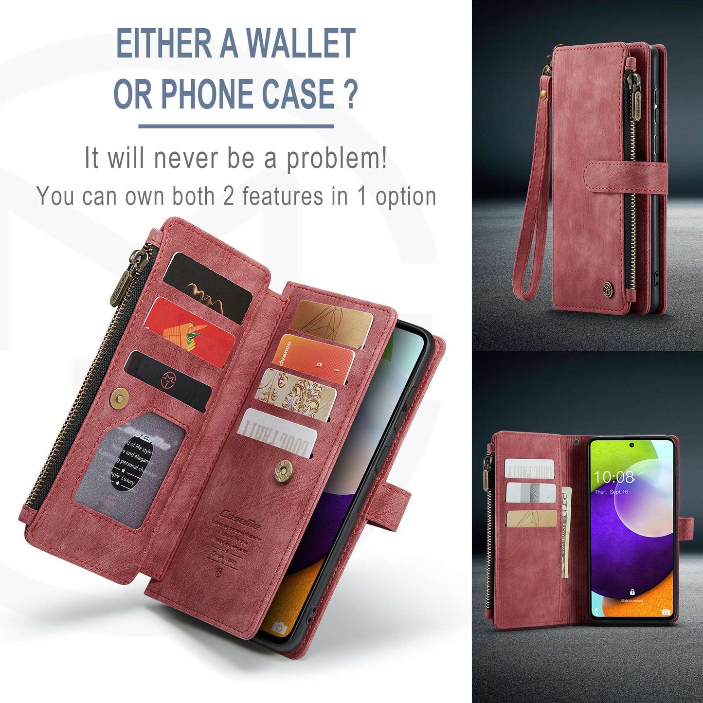 CASEME C30 Series for Samsung Galaxy A52 4G / 5G / 52s 5G PU Leather Stand Wallet Phone Case with Multiple Card Slots and Zipper Pocket