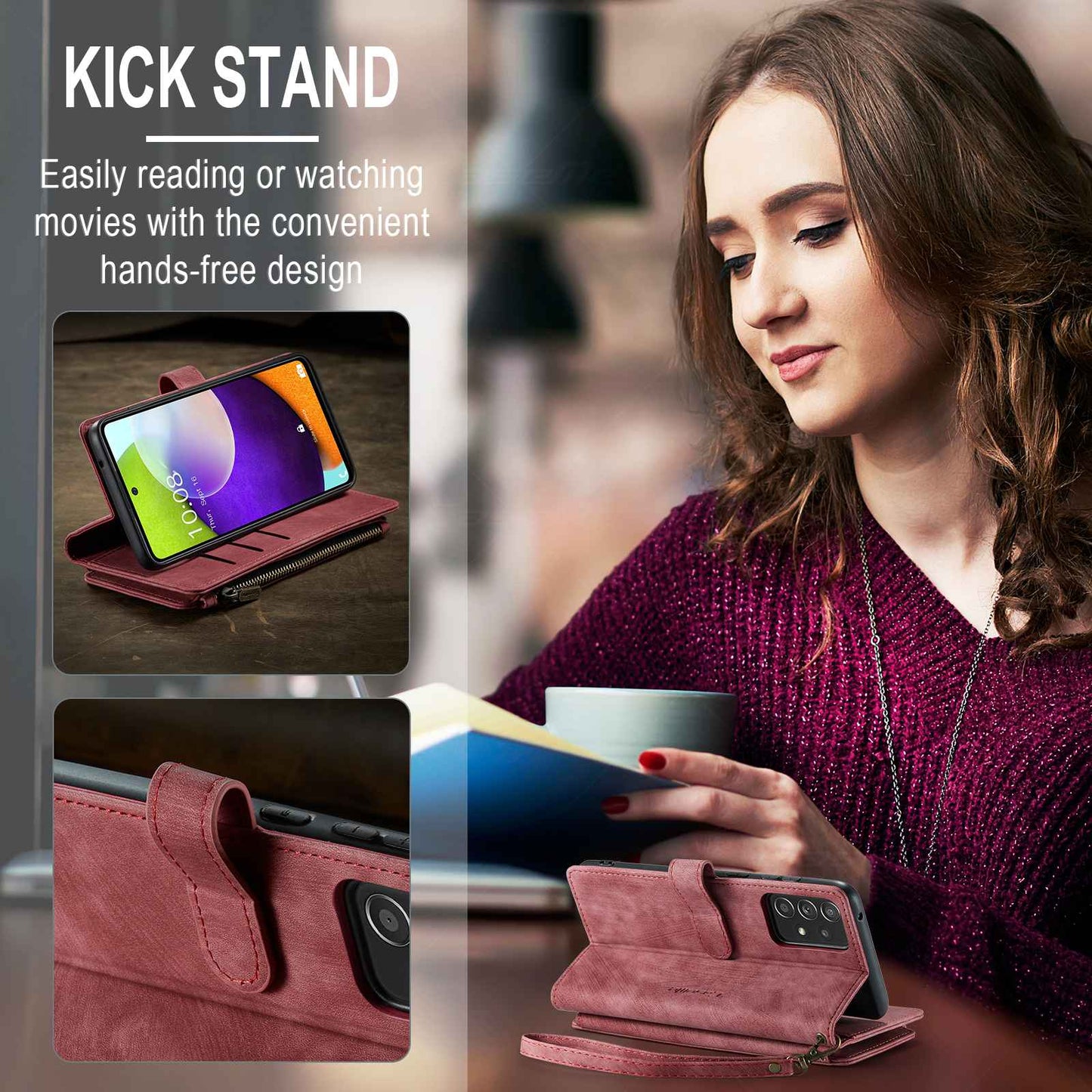 CASEME C30 Series for Samsung Galaxy A52 4G / 5G / 52s 5G PU Leather Stand Wallet Phone Case with Multiple Card Slots and Zipper Pocket