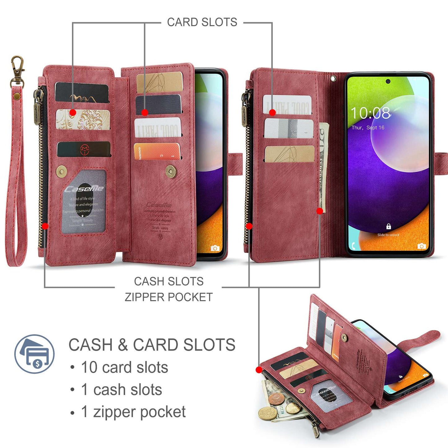 CASEME C30 Series for Samsung Galaxy A52 4G / 5G / 52s 5G PU Leather Stand Wallet Phone Case with Multiple Card Slots and Zipper Pocket