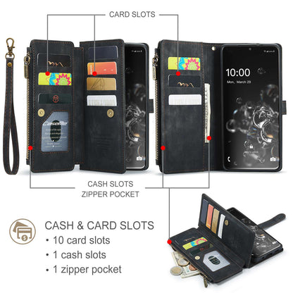 CASEME C30 Series Phone Wallet Case for Samsung Galaxy S20 Ultra 4G / 5G, Shockproof PU Leathe Zipper Pocket Mobile Phone Shell with Strap Card Holder