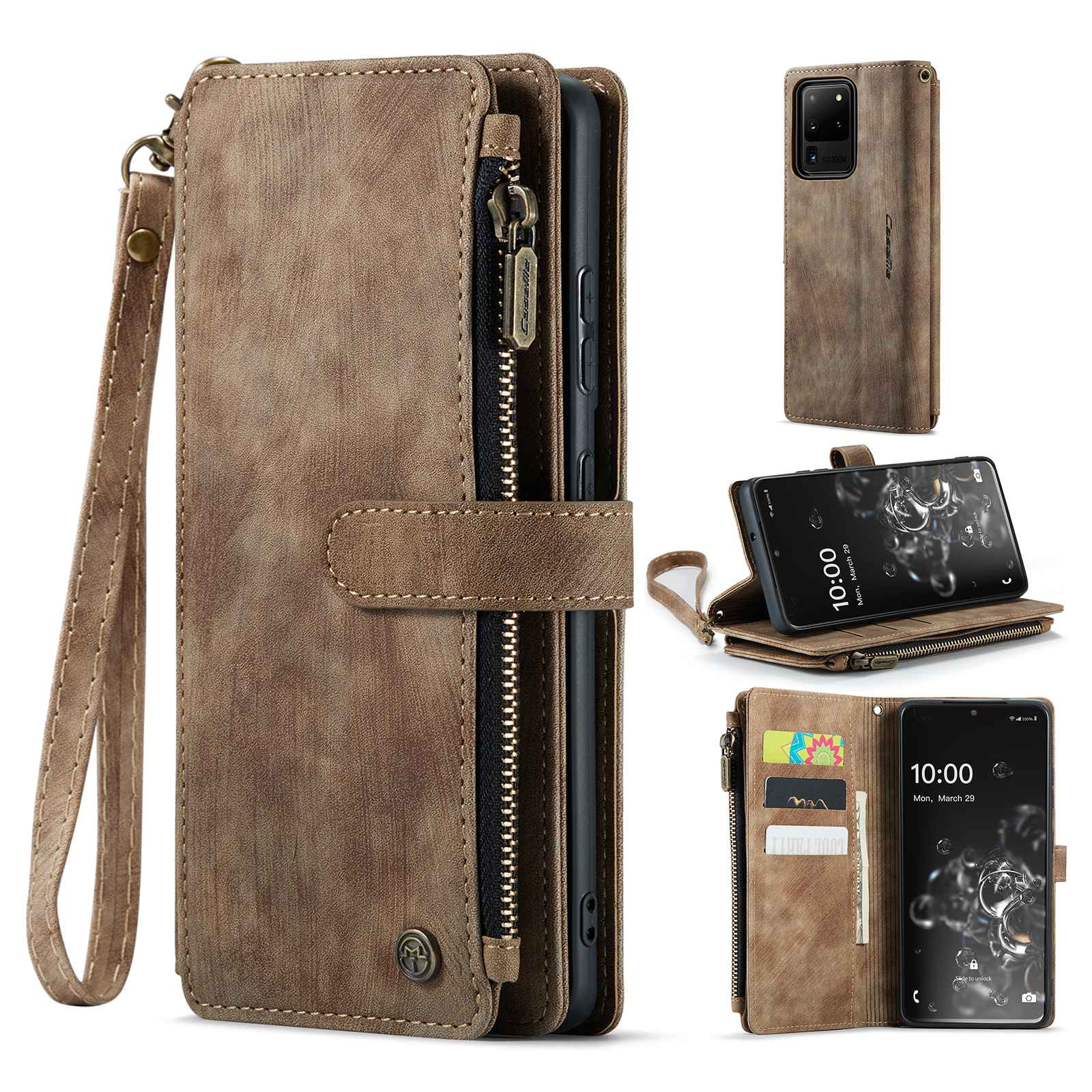 CASEME C30 Series Phone Wallet Case for Samsung Galaxy S20 Ultra 4G / 5G, Shockproof PU Leathe Zipper Pocket Mobile Phone Shell with Strap Card Holder