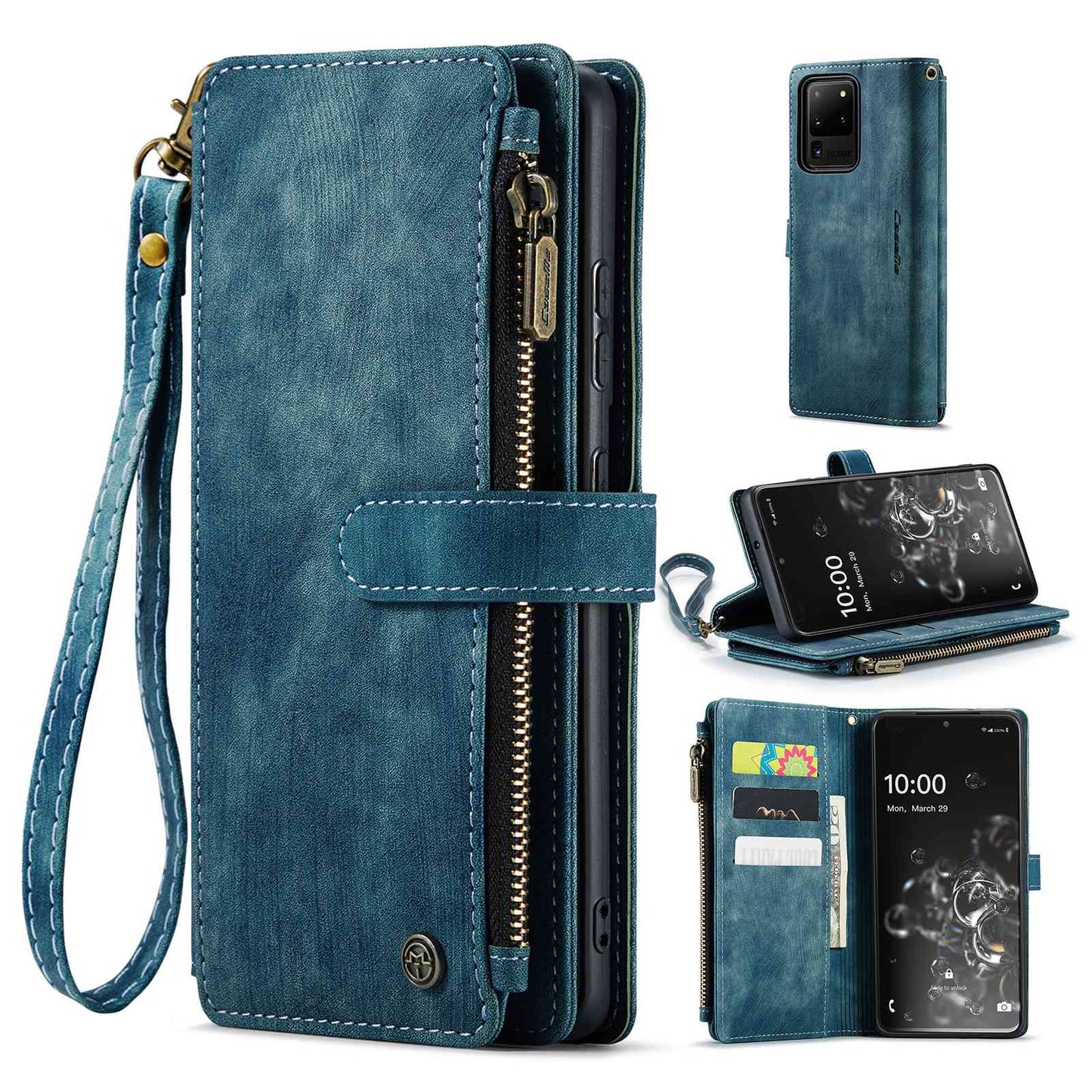 CASEME C30 Series Phone Wallet Case for Samsung Galaxy S20 Ultra 4G / 5G, Shockproof PU Leathe Zipper Pocket Mobile Phone Shell with Strap Card Holder