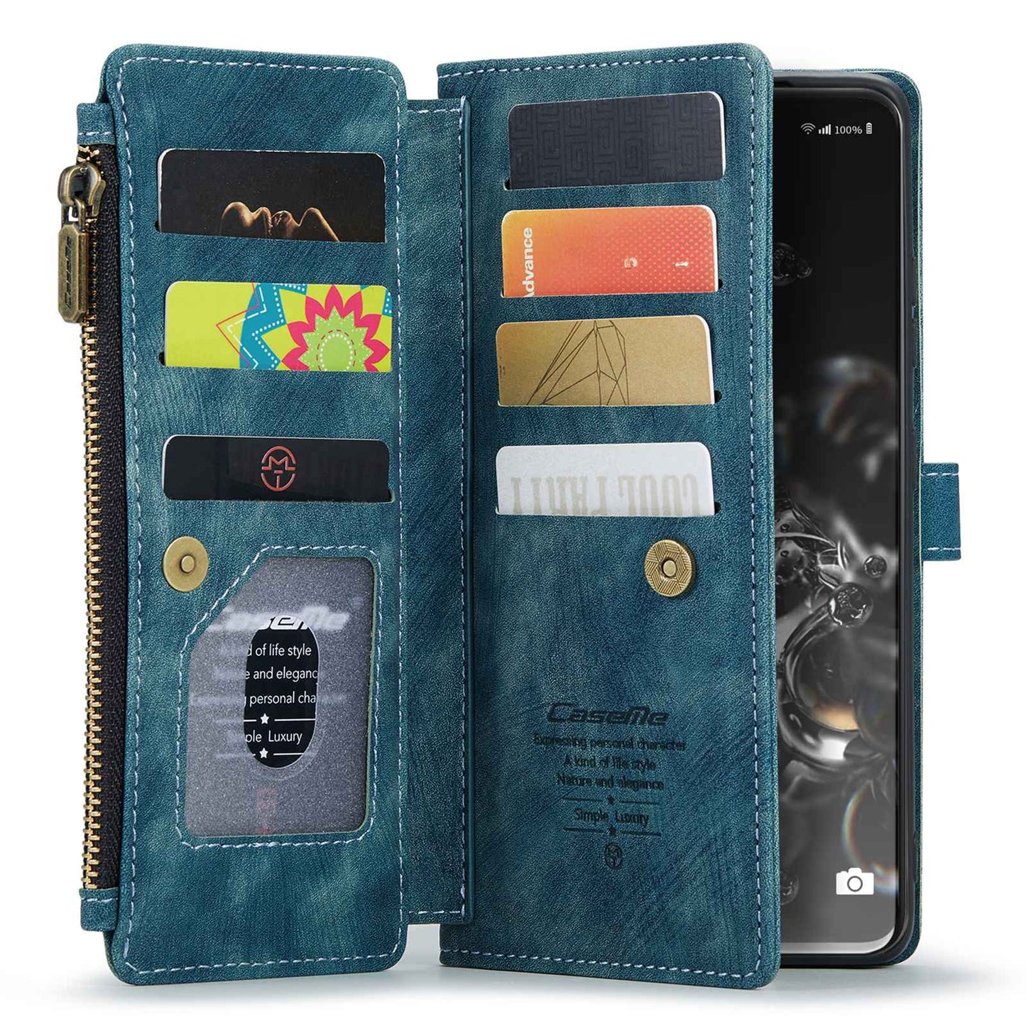 CASEME C30 Series Phone Wallet Case for Samsung Galaxy S20 Ultra 4G / 5G, Shockproof PU Leathe Zipper Pocket Mobile Phone Shell with Strap Card Holder