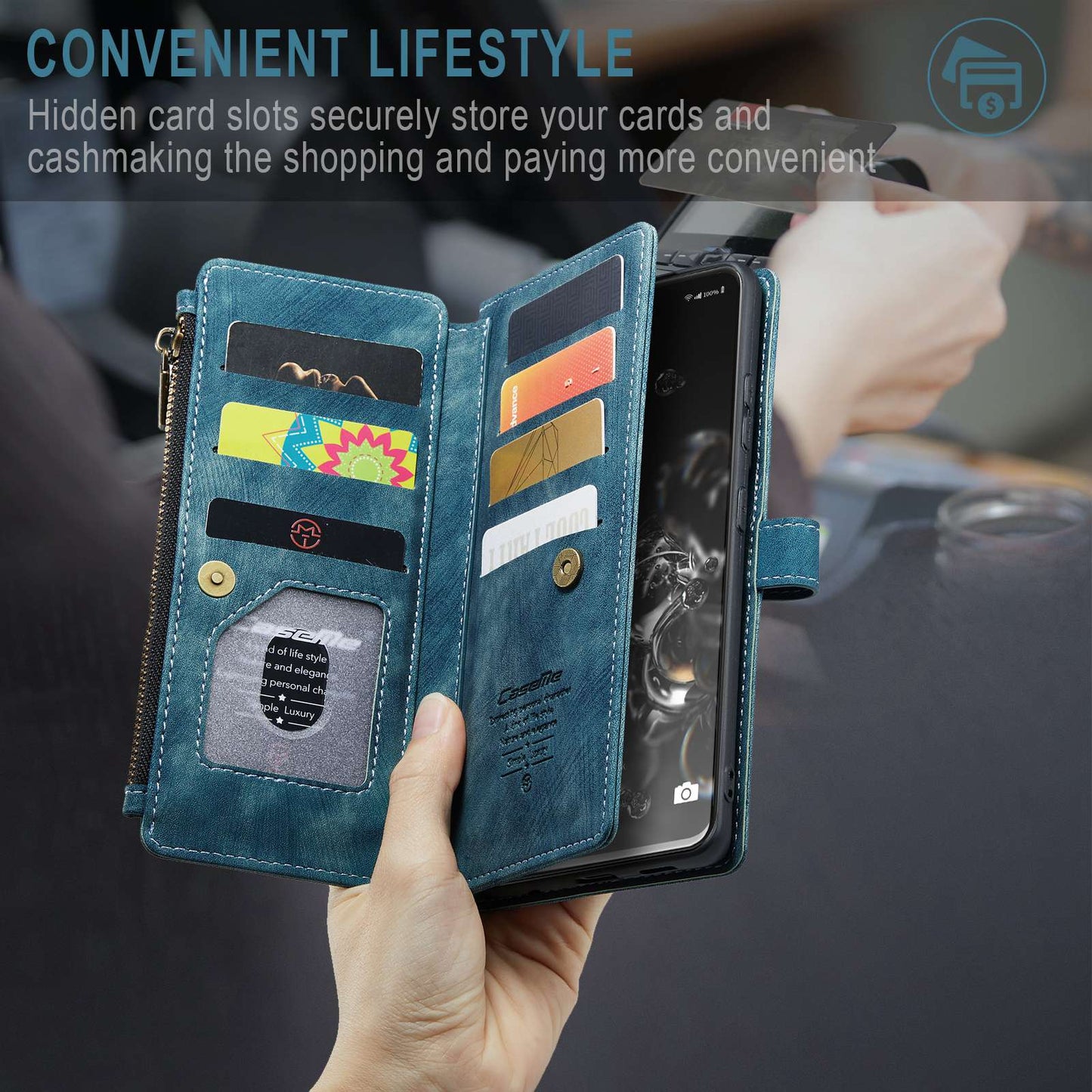 CASEME C30 Series Phone Wallet Case for Samsung Galaxy S20 Ultra 4G / 5G, Shockproof PU Leathe Zipper Pocket Mobile Phone Shell with Strap Card Holder