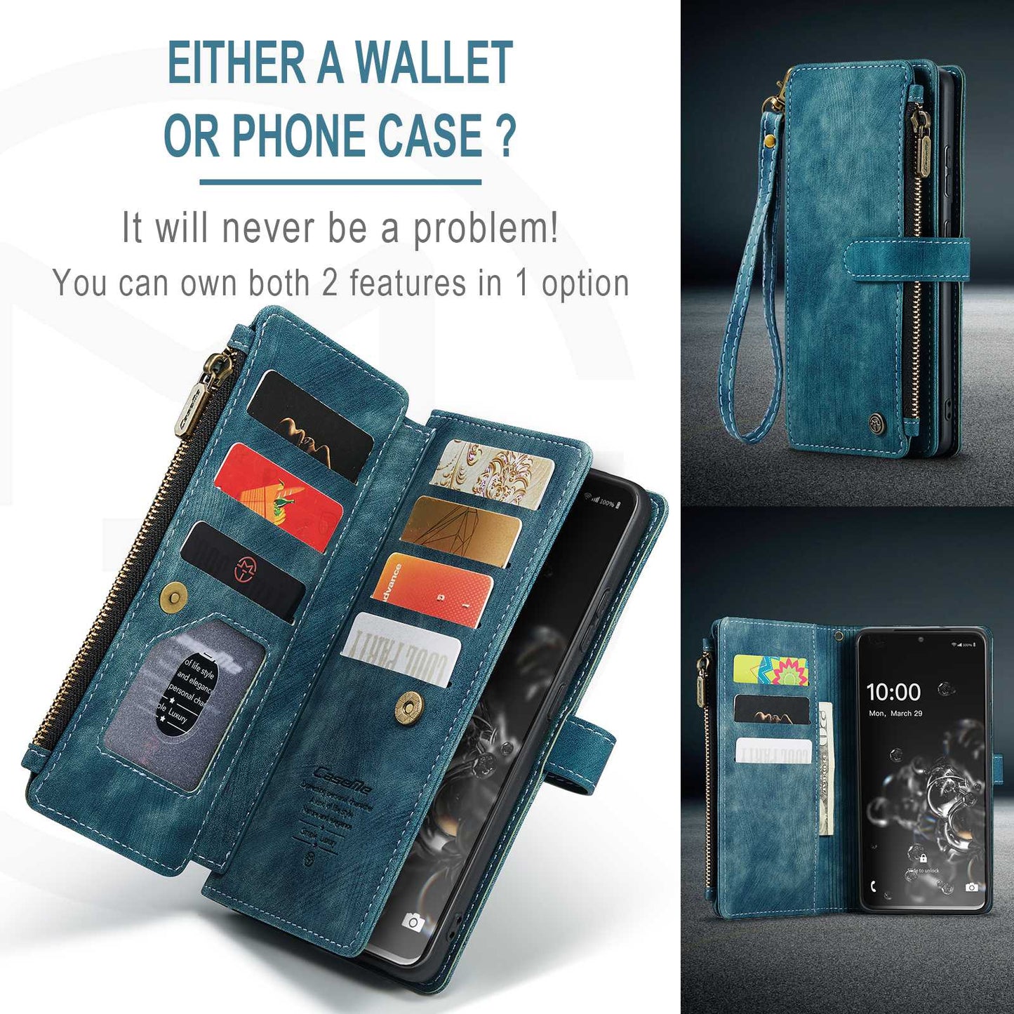 CASEME C30 Series Phone Wallet Case for Samsung Galaxy S20 Ultra 4G / 5G, Shockproof PU Leathe Zipper Pocket Mobile Phone Shell with Strap Card Holder