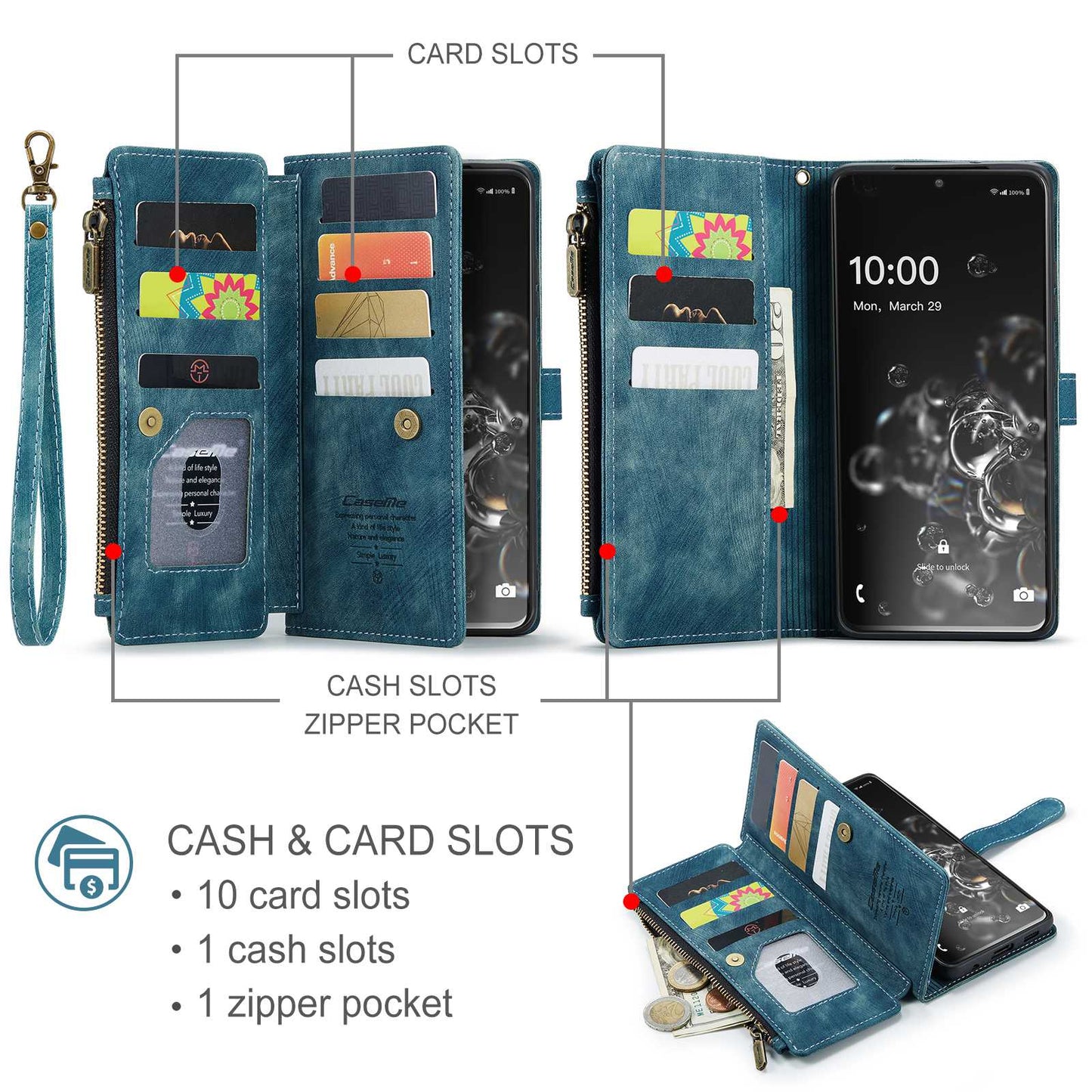 CASEME C30 Series Phone Wallet Case for Samsung Galaxy S20 Ultra 4G / 5G, Shockproof PU Leathe Zipper Pocket Mobile Phone Shell with Strap Card Holder