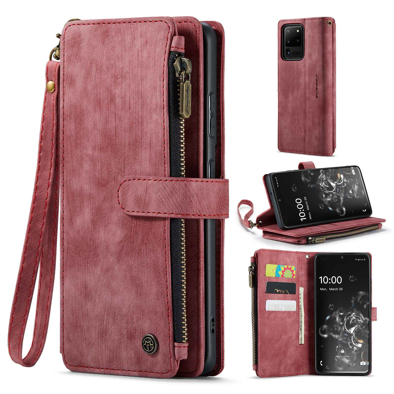 CASEME C30 Series Phone Wallet Case for Samsung Galaxy S20 Ultra 4G / 5G, Shockproof PU Leathe Zipper Pocket Mobile Phone Shell with Strap Card Holder