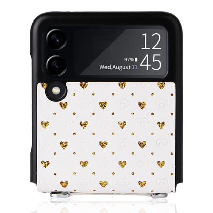For Samsung Galaxy Z Flip3 5G PU Leather Coated PC Case Multiple Heart Shapes One-piece Phone Cover with Shoulder Strap