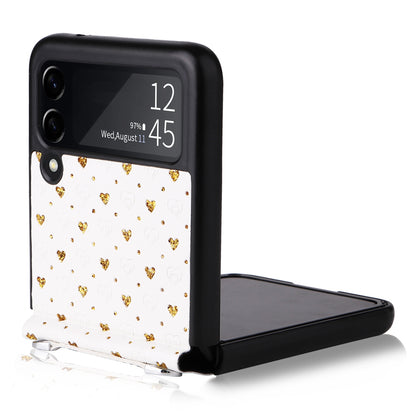 For Samsung Galaxy Z Flip3 5G PU Leather Coated PC Case Multiple Heart Shapes One-piece Phone Cover with Shoulder Strap